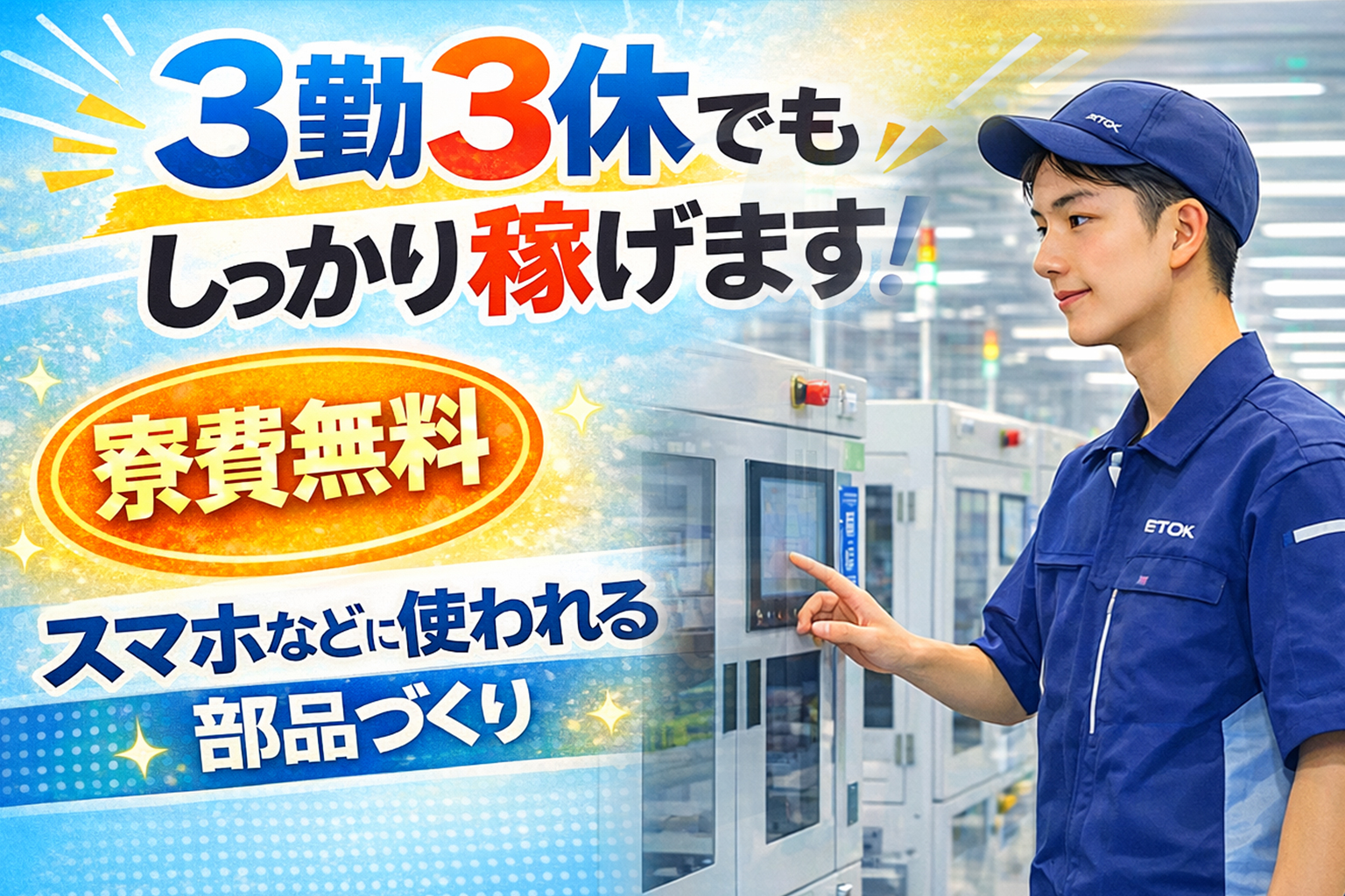 半導体・電子部品関連　スグナビ - 3日働いて3日休み！月収33万円可！寮費無料でお金が溜まる機械OP
